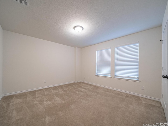 spare room with light colored carpet and a textured ceiling