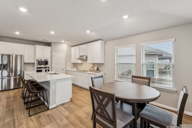 kitchen featuring sink, white cabinetry, a kitchen island with sink, stainless steel appliances, and decorative backsplash