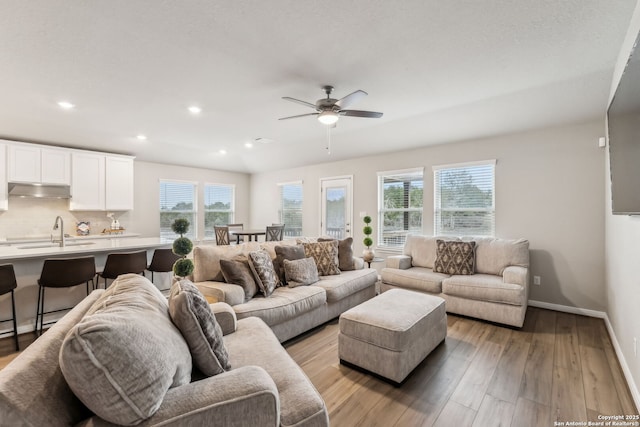 living room featuring a healthy amount of sunlight, sink, ceiling fan, and light hardwood / wood-style floors