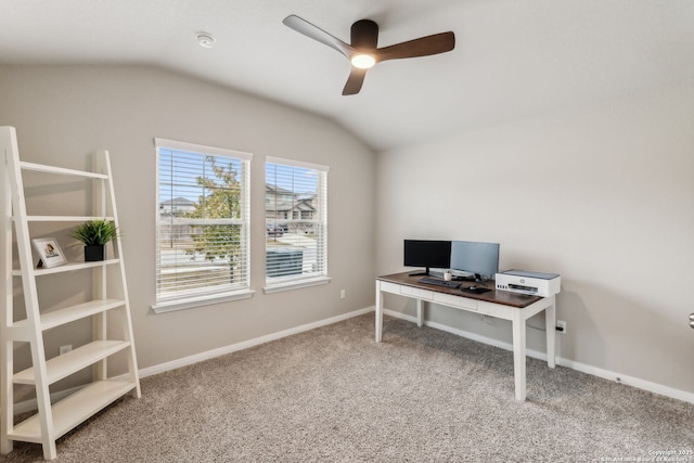 office featuring carpet floors, vaulted ceiling, and ceiling fan