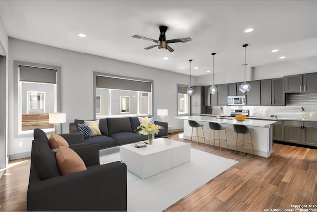 living room featuring sink, wood-type flooring, and ceiling fan