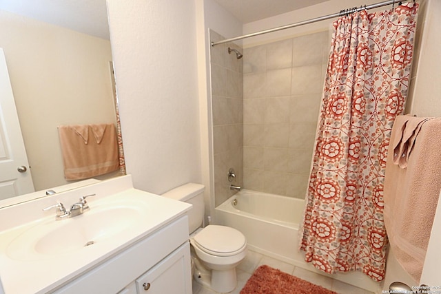 full bathroom with vanity, shower / bathtub combination with curtain, tile patterned floors, and toilet