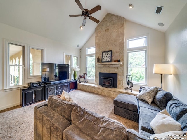 living room with ceiling fan, high vaulted ceiling, and carpet floors