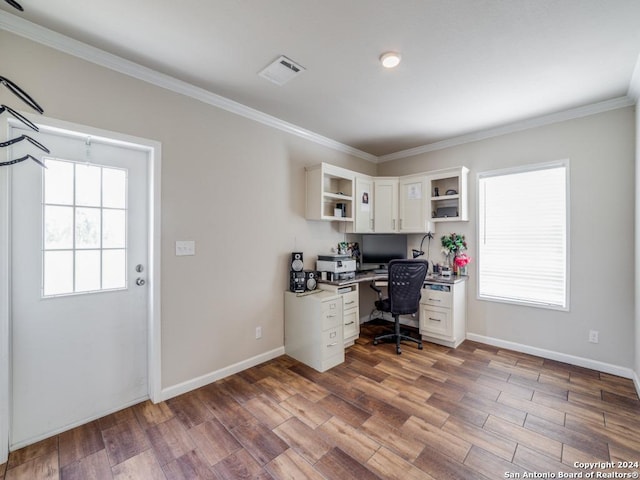 office space featuring crown molding and wood-type flooring