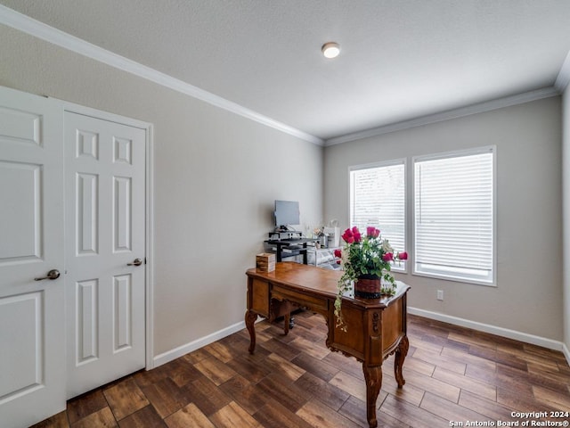 office featuring dark wood-type flooring and ornamental molding