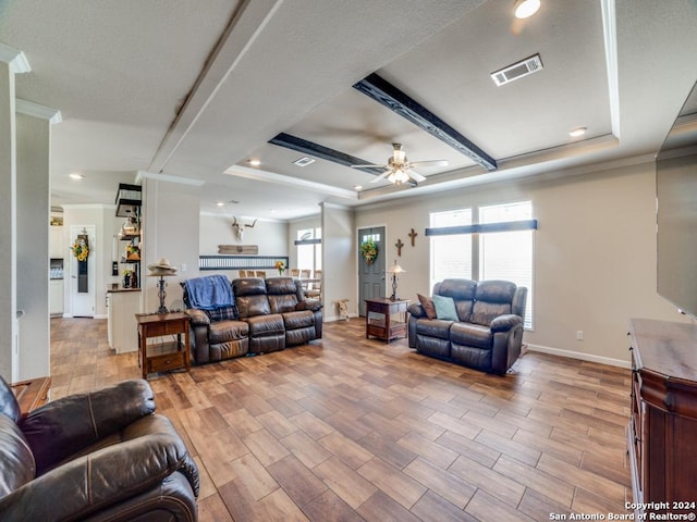 living room with ceiling fan, ornamental molding, and a raised ceiling