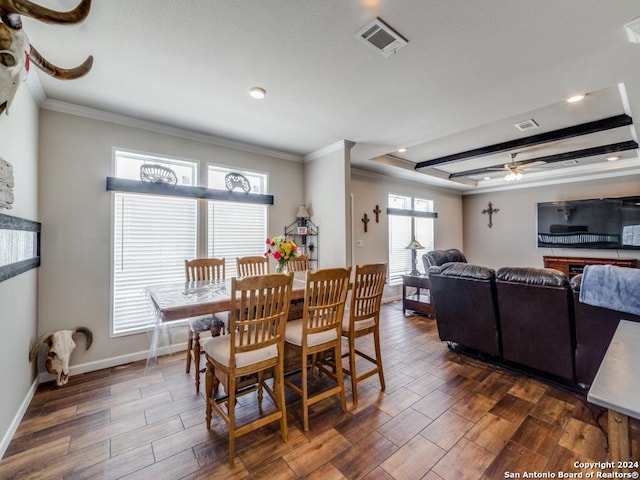 dining space featuring ceiling fan, ornamental molding, and a raised ceiling