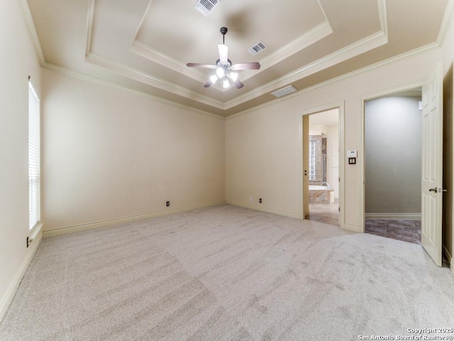 unfurnished room with light colored carpet, a healthy amount of sunlight, and a raised ceiling