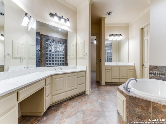 bathroom with vanity, tiled tub, and crown molding