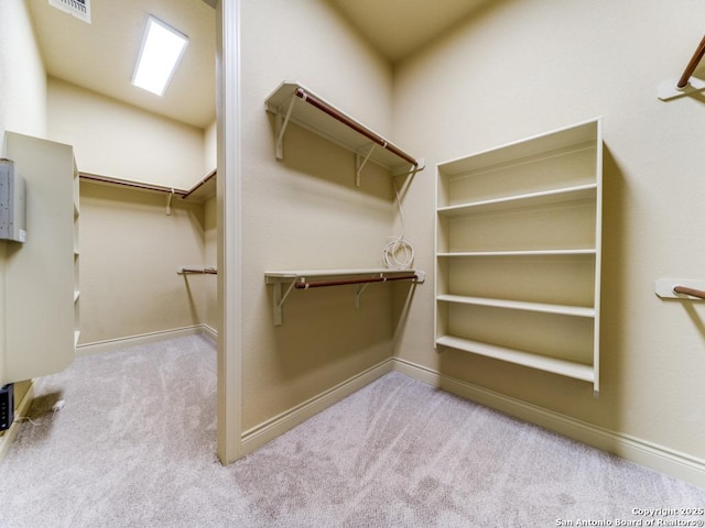 spacious closet featuring light colored carpet