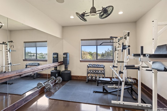 workout area featuring plenty of natural light and ceiling fan