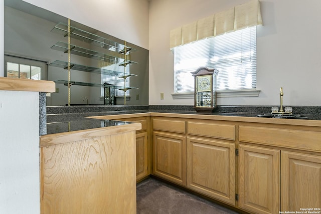 bar with light brown cabinetry, sink, and dark colored carpet