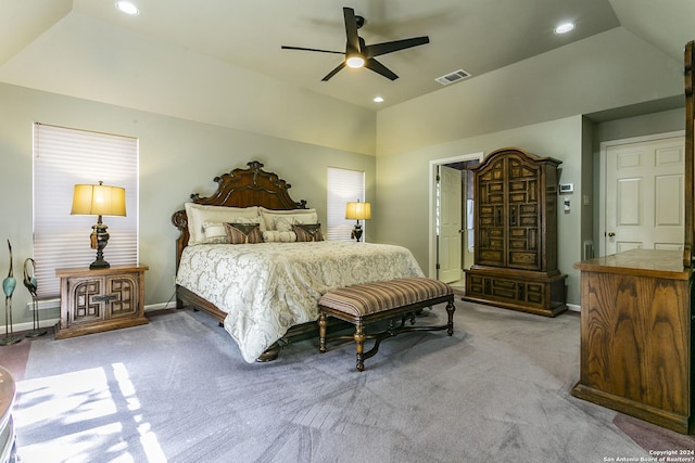 bedroom with light carpet, lofted ceiling, and ceiling fan