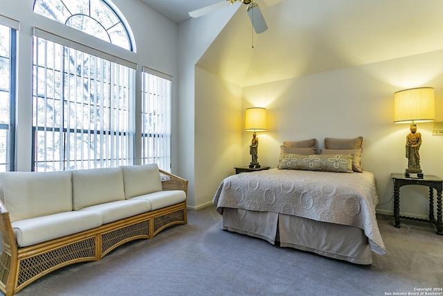 bedroom with ceiling fan and carpet flooring