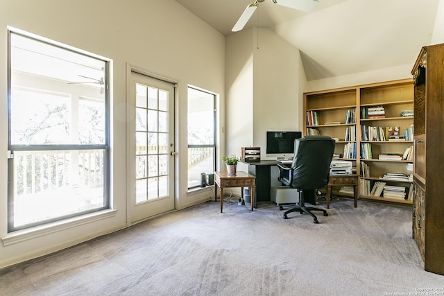 office with carpet, high vaulted ceiling, and ceiling fan