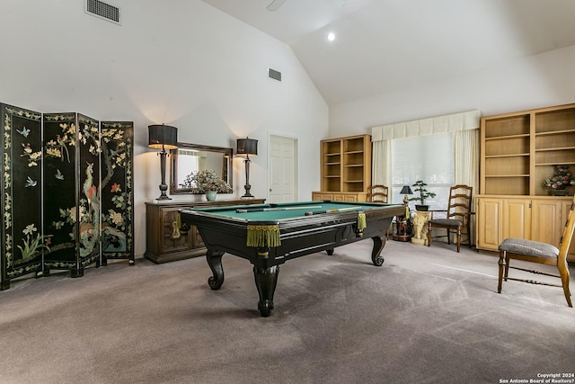 recreation room with pool table, high vaulted ceiling, and carpet floors