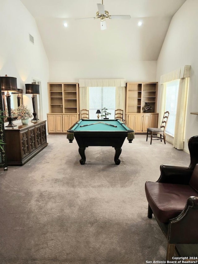 rec room featuring ceiling fan, billiards, carpet flooring, and high vaulted ceiling