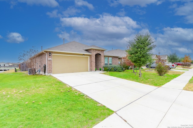 ranch-style home featuring a garage, a front yard, and cooling unit