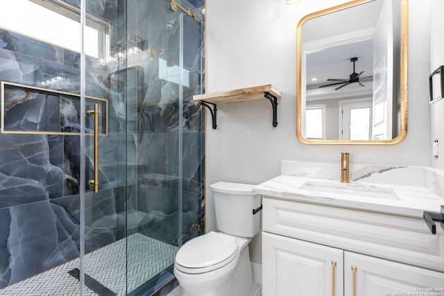 bathroom with vanity, a shower with door, toilet, and a healthy amount of sunlight