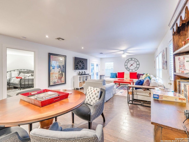 337 W Hackberry St, Fredericksburg, TX 78624 - dining area featuring hardwood / wood-style flooring, plenty of natural light, and ceiling fan