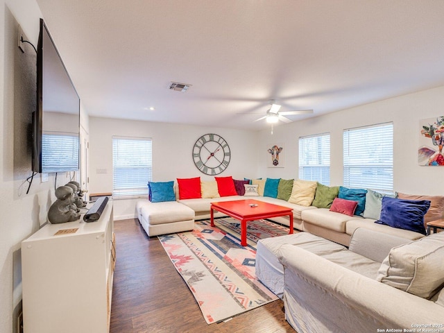 337 W Hackberry St, Fredericksburg, TX 78624 - living room featuring dark hardwood / wood-style flooring and ceiling fan
