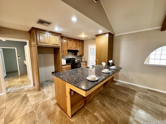 kitchen with vaulted ceiling, sink, a breakfast bar area, dark stone countertops, and black range with electric stovetop