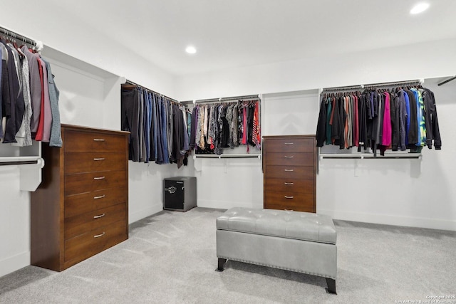 walk in closet with light colored carpet