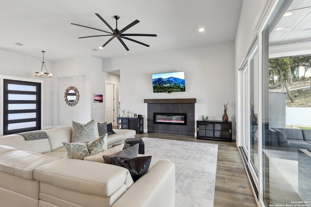 living room featuring a fireplace and wood-type flooring