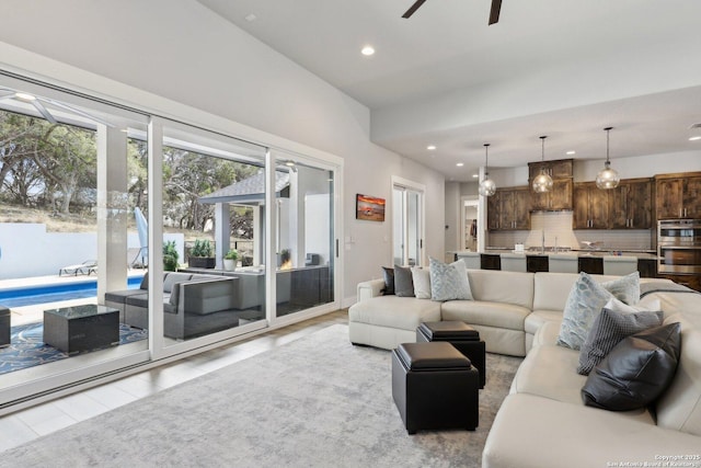 living room featuring ceiling fan