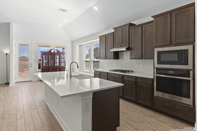 kitchen with tasteful backsplash, sink, dark brown cabinetry, stainless steel appliances, and a center island with sink