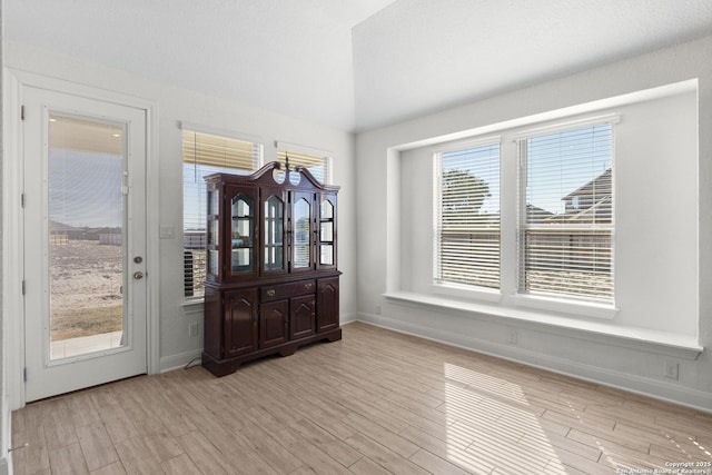 interior space featuring vaulted ceiling and light hardwood / wood-style floors