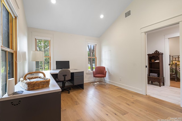 31545 Meadow Crk, Fair Oaks Ranch, TX 78015 - office space featuring visible vents, recessed lighting, light wood-style flooring, and high vaulted ceiling