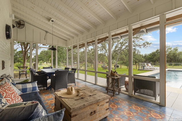 31545 Meadow Crk, Fair Oaks Ranch, TX 78015 - sunroom / solarium featuring outdoor dining area and beamed ceiling