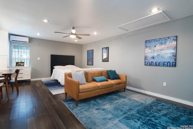 bedroom featuring ceiling fan, a wall mounted air conditioner, and dark hardwood / wood-style floors