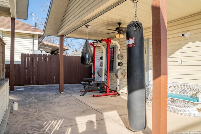 view of patio featuring ceiling fan