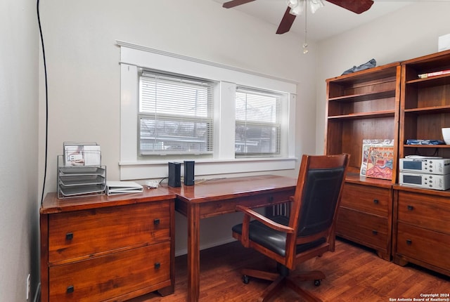 home office featuring ceiling fan and dark hardwood / wood-style flooring