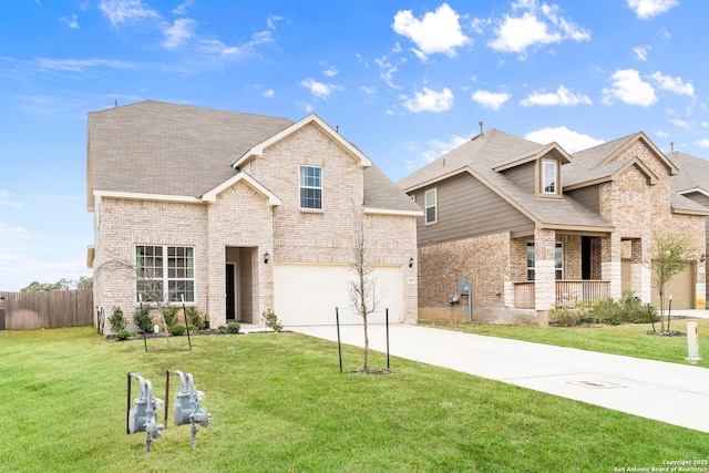 view of front of home with a garage, a porch, and a front lawn