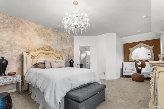 bedroom featuring light carpet and an inviting chandelier