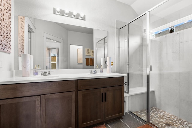 bathroom featuring vanity and a shower with shower door