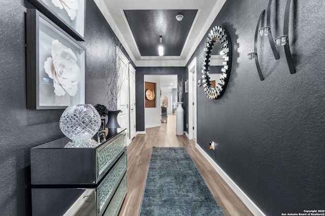 hall with hardwood / wood-style flooring, a raised ceiling, and a wealth of natural light