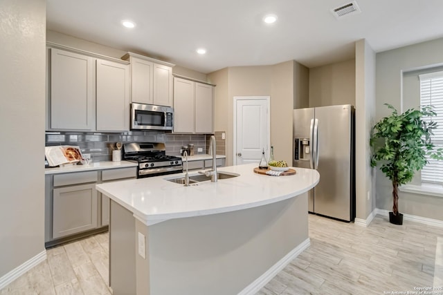 kitchen featuring sink, gray cabinetry, appliances with stainless steel finishes, a kitchen island with sink, and backsplash