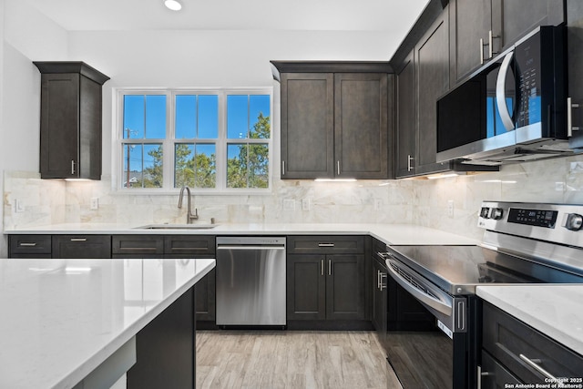 kitchen featuring appliances with stainless steel finishes, sink, decorative backsplash, dark brown cabinets, and light hardwood / wood-style flooring