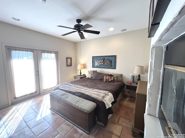 bedroom featuring french doors, ceiling fan, and access to exterior