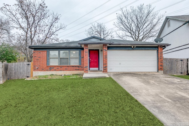 ranch-style house featuring a garage and a front lawn