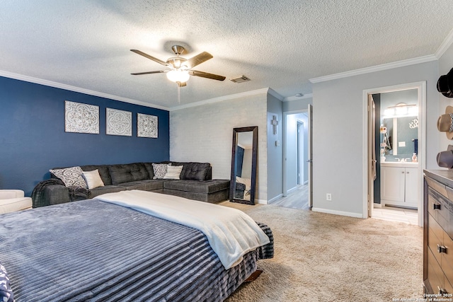 bedroom with light carpet, ceiling fan, ornamental molding, and a textured ceiling