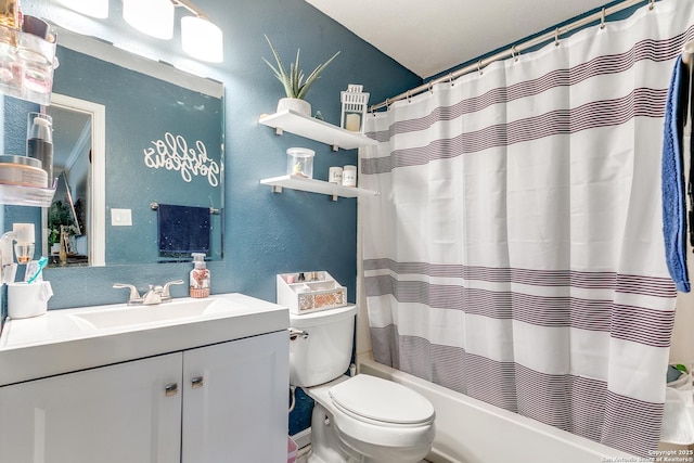 full bathroom with shower / bath combo, vanity, and toilet