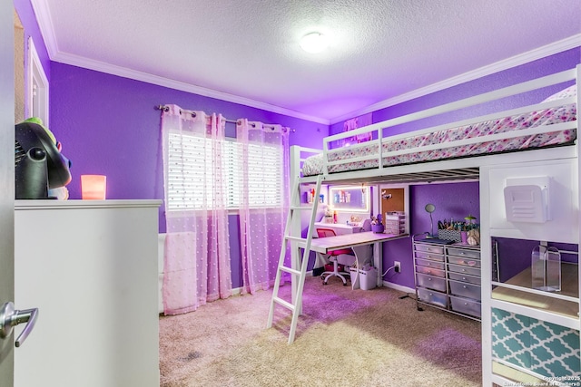 bedroom featuring crown molding, carpet floors, and a textured ceiling