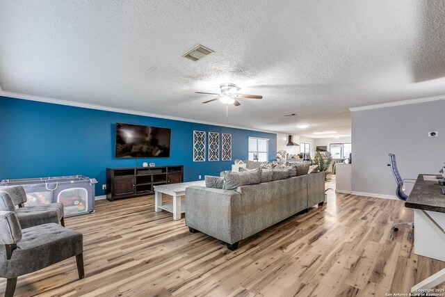 living room featuring crown molding, ceiling fan, a textured ceiling, and light wood-type flooring