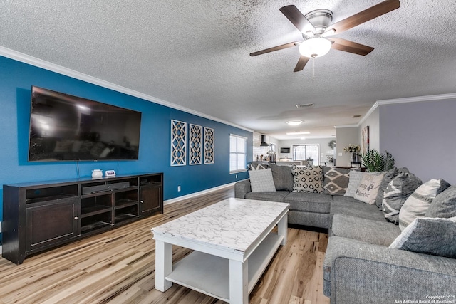 living room featuring ceiling fan, ornamental molding, light hardwood / wood-style floors, and a textured ceiling