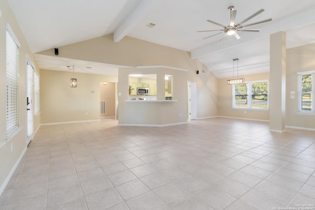 unfurnished living room featuring ceiling fan, lofted ceiling with beams, and light tile patterned floors